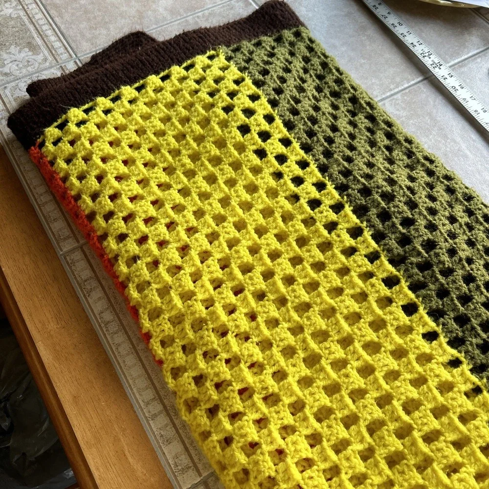 vintage afghan‎ blanket Crochet Olive Yellow Brown Orange 60x65